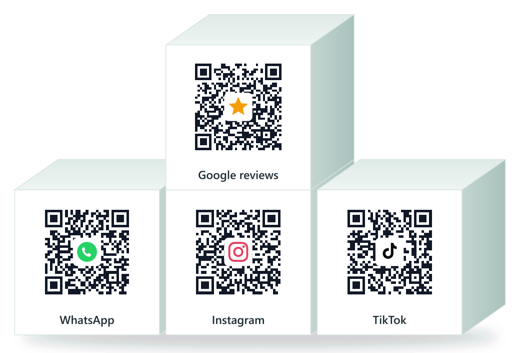 Four QR codes on stacked cubes: Google reviews on top, WhatsApp, Instagram and TikTok below.